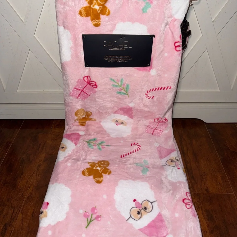 Rachel Roy Pink Holiday Santa & Gingerbread Plush Throw Blanket